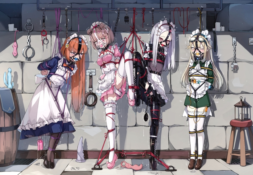 4girls absurdres anal anal_object_insertion anchor_(tie_down) apron arms_behind_back ball_gag barrel bdsm belly belt between_breasts black_panties black_rope black_shoes blonde_hair blunt_bangs blush bodysuit bondage bondage_outfit boots bound bound_ankles bound_arms bound_breasts bound_legs bound_together bound_torso bow bowtie box_tie braid braided_ponytail breast_bondage breasts brown_hair brown_shoes candle candlestand chain chair clenched_hand collar commission controller covered_navel cross cross_hair_ornament crotch_rope crying crying_with_eyes_open dildo dildo_harness dildo_under_clothes dildo_under_panties double_bun double_penetration dress drooling earrings egg_vibrator embarrassed female_focus female_orgasm flat_chest flower forced_orgasm frilled_apron frilled_dress frilled_thigh_strap frills full_body gag gag_harness gagged garter_straps glaring grey_eyes grey_hair hair_bun hair_flower hair_ornament heart heart_print high_heel_boots high_heels highres indoors inflatable_butt_plug jewelry lamp lantern latex latex_bodysuit leg_up legs_apart legs_together liclac loli long_hair looking_at_another looking_at_viewer looking_down looking_to_the_side low_twintails maid maid_apron maid_headdress makeup multiple_girls navel object_insertion one_eye_closed orange_hair orgasm original panties pantyhose pink_bow pink_bowtie pink_hair pink_shoes ponytail purple_rope pussy_juice pussy_juice_puddle pussy_juice_trail red_eyes red_rope remote_control remote_control_vibrator restrained rope rose runny_makeup saliva saliva_trail separated_legs sex_toy shibari shibari_over_clothes shibari_under_clothes shoes short_hair side_ponytail sidelocks skin_tight skindentation slave small_breasts standing standing_on_one_leg stone_wall stool tears thigh_strap thighhighs tile_floor tiles tiptoes trembling twintails underboob underwear vaginal vaginal_object_insertion variant_set very_long_hair vibrator vibrator_cord vibrator_in_thighhighs vibrator_under_clothes white_hair white_panties white_thighhighs wince yellow_eyes zettai_ryouiki