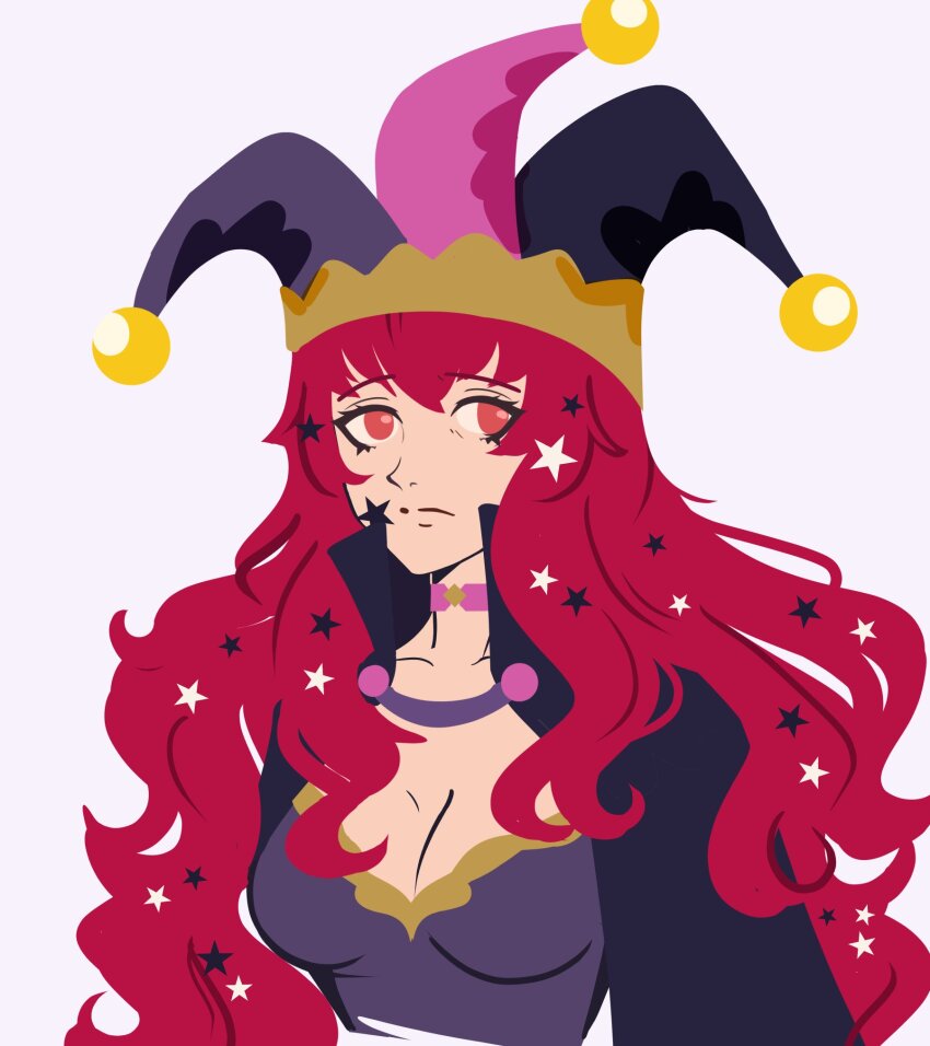 1girl black_cape bodysuit breasts cape choker cleavage facial_mark fire_emblem fire_emblem_engage hair_ornament highres large_breasts long_hair looking_at_viewer multicolored_cape nintendo pink_choker purple_bodysuit red_eyes red_hair solo star_(symbol) star_facial_mark star_hair_ornament yancadoodles yunaka_(fire_emblem)