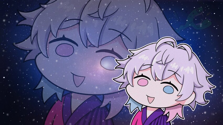 1boy blue_eyes blue_hair chibi chibi_only coat commentary english_commentary galaxy_background gavis_bettel gavis_bettel_(1st_costume) grey_hair hair_between_eyes heterochromia highres holostars holostars_english looking_at_viewer lumy_bell male_focus medium_hair multicolored_coat multicolored_hair open_mouth outline pink_eyes pink_hair smile solo star_(sky) starry_sky_background striped_coat thousand_yard_stare upper_body vertical-striped_coat virtual_youtuber white_outline wide-eyed
