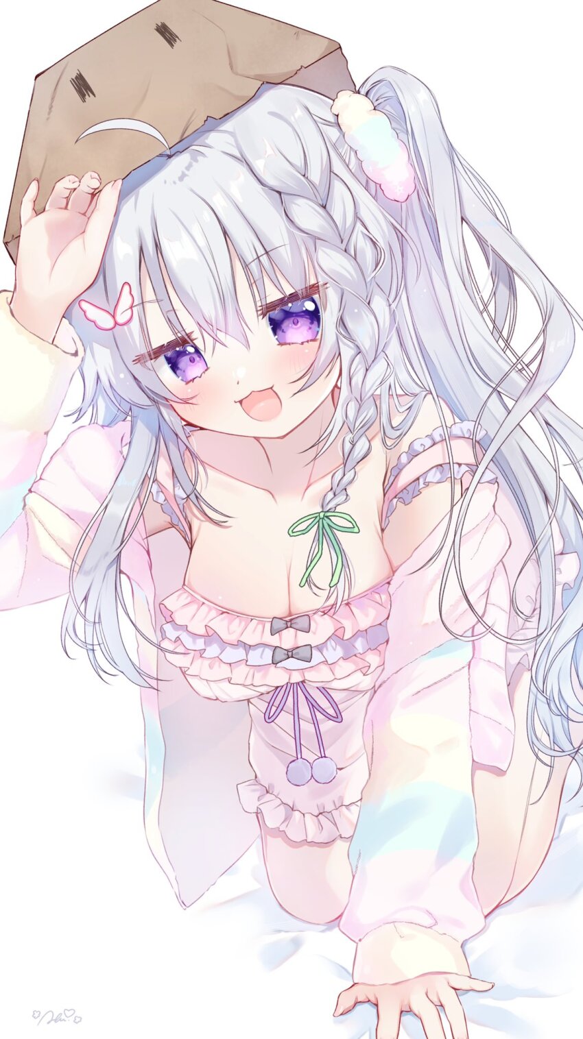 1girl 9-nine- :3 :d ahoge all_fours bag_over_head bed_sheet black_bow blush bow braid breasts butterfly_hair_ornament cleavage closed_mouth collarbone commentary eyes_visible_through_hair foot_out_of_frame frilled_pajamas frills green_ribbon grey_hair hair_between_eyes hair_ornament hair_over_shoulder hair_ribbon hand_up heart highres jacket large_breasts long_hair looking_at_viewer naughty_face niimi_sora official_alternate_costume open_clothes open_jacket open_mouth pajamas pink_pajamas pom_pom_(clothes) purple_eyes ribbon sakura_aki side_ponytail sidelocks signature simple_background single_bare_shoulder single_braid smile solo strap_slip striped_clothes striped_jacket white_background |_|