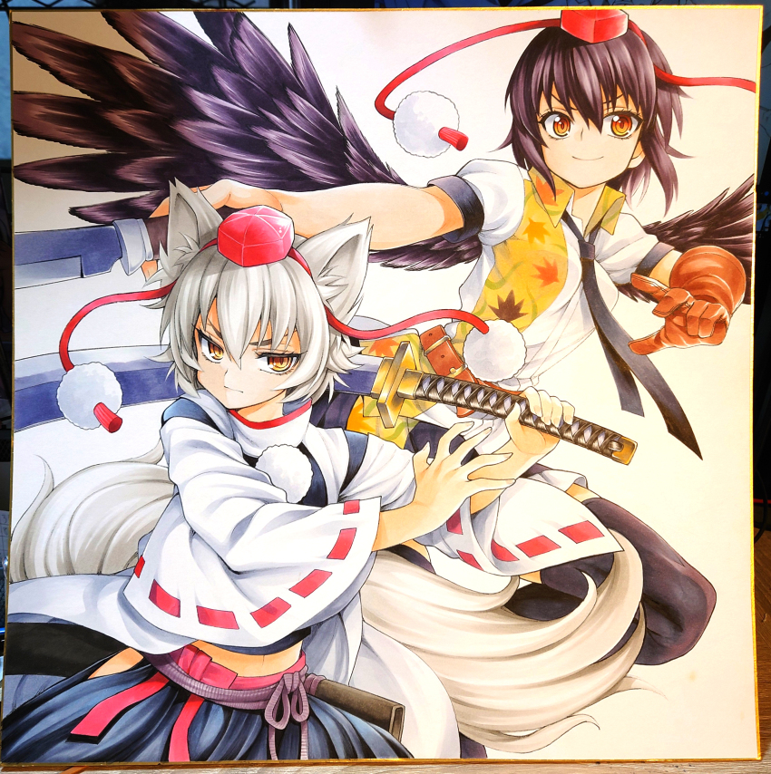 2girls absurdres animal_ears bird_wings black_hair commentary_request feathered_wings gloves hat hat_ribbon highres inubashiri_momiji katana long_sleeves looking_at_viewer marker_(medium) midriff millipen_(medium) multiple_girls necktie orange_eyes pen_(medium) photo_(medium) pom_pom_(clothes) puffy_short_sleeves puffy_sleeves ribbon ribbon-trimmed_sleeves ribbon_trim shameimaru_aya shikishi shirt short_sleeves single_glove skirt smile spot_color sword tail thighhighs thighs tokin_hat touhou traditional_media uousa-ou weapon wide_sleeves wings wolf_ears wolf_tail yellow_eyes zettai_ryouiki