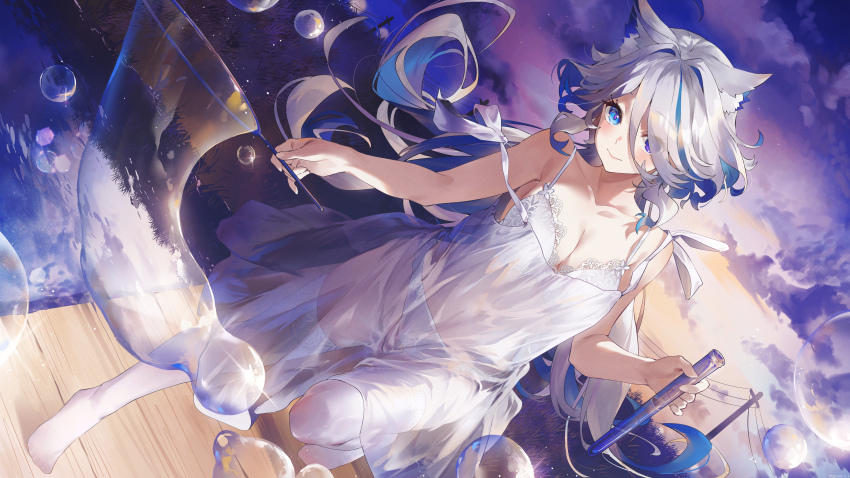 1girl absurdres alternate_costume animal_ear_fluff animal_ears bare_shoulders blue_eyes blue_hair bra breasts bridge blowing_bubbles bubble_wand cleavage closed_mouth cloud collarbone colored_inner_hair commentary_request dress dutch_angle full_body furina_(genshin_impact) genshin_impact hair_intakes hair_over_one_eye highres holding kemonomimi_mode long_hair looking_at_viewer medium_breasts multicolored_hair no_shoes outdoors panties purple_sky see-through_clothes see-through_dress sky sleeveless sleeveless_dress smile soap_bubbles solo standing standing_on_one_leg strap_slip swkl:d thighhighs underwear utility_pole water white_bra white_hair white_panties white_thighhighs yellow_sky