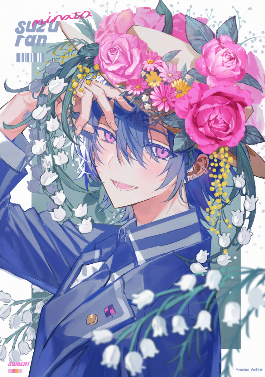 1boy absurdres blue_hair blue_jacket blue_necktie blurry blurry_foreground blush border brown_hat commentary english_commentary english_text flower green_background hair_between_eyes hand_in_own_hair hat hat_flower highres jacket looking_at_viewer lower_teeth_only male_focus nana_tetra necktie open_mouth original portrait purple_eyes shirt short_hair solo teeth twitter_username white_border white_shirt