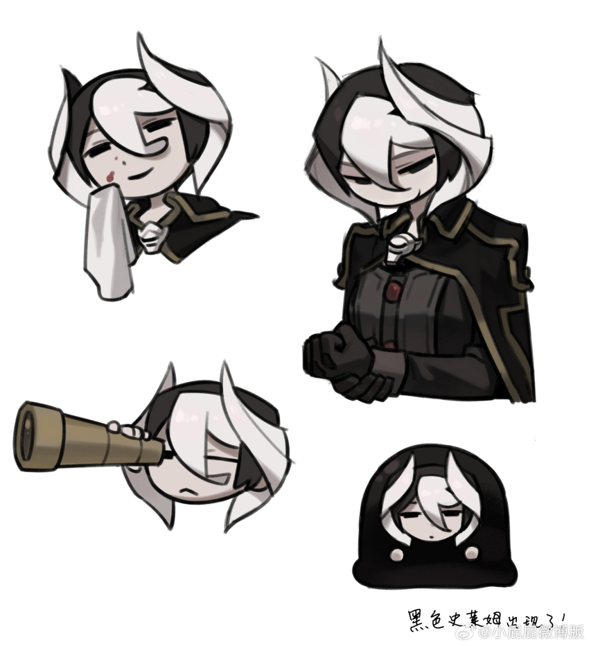 black_hair blood blood_on_face chibi chibi_only chinese_text highres holding holding_telescope looking_through_scope made_in_abyss multiple_girls ozen smile telescope weibo_5968889247 white_hair