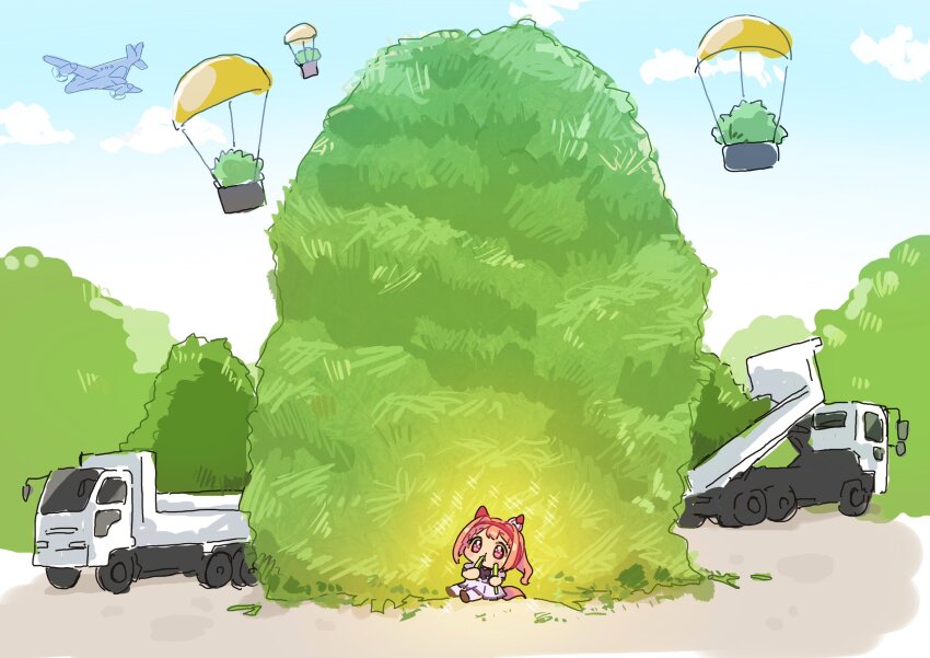 1girl aircraft airplane animal_ears chibi dump_truck eating hairband haru_urara_(umamusume) highres horse_ears horse_girl horse_tail moko39_takasora motor_vehicle pink_eyes pink_hair ponytail solo tail truck umamusume