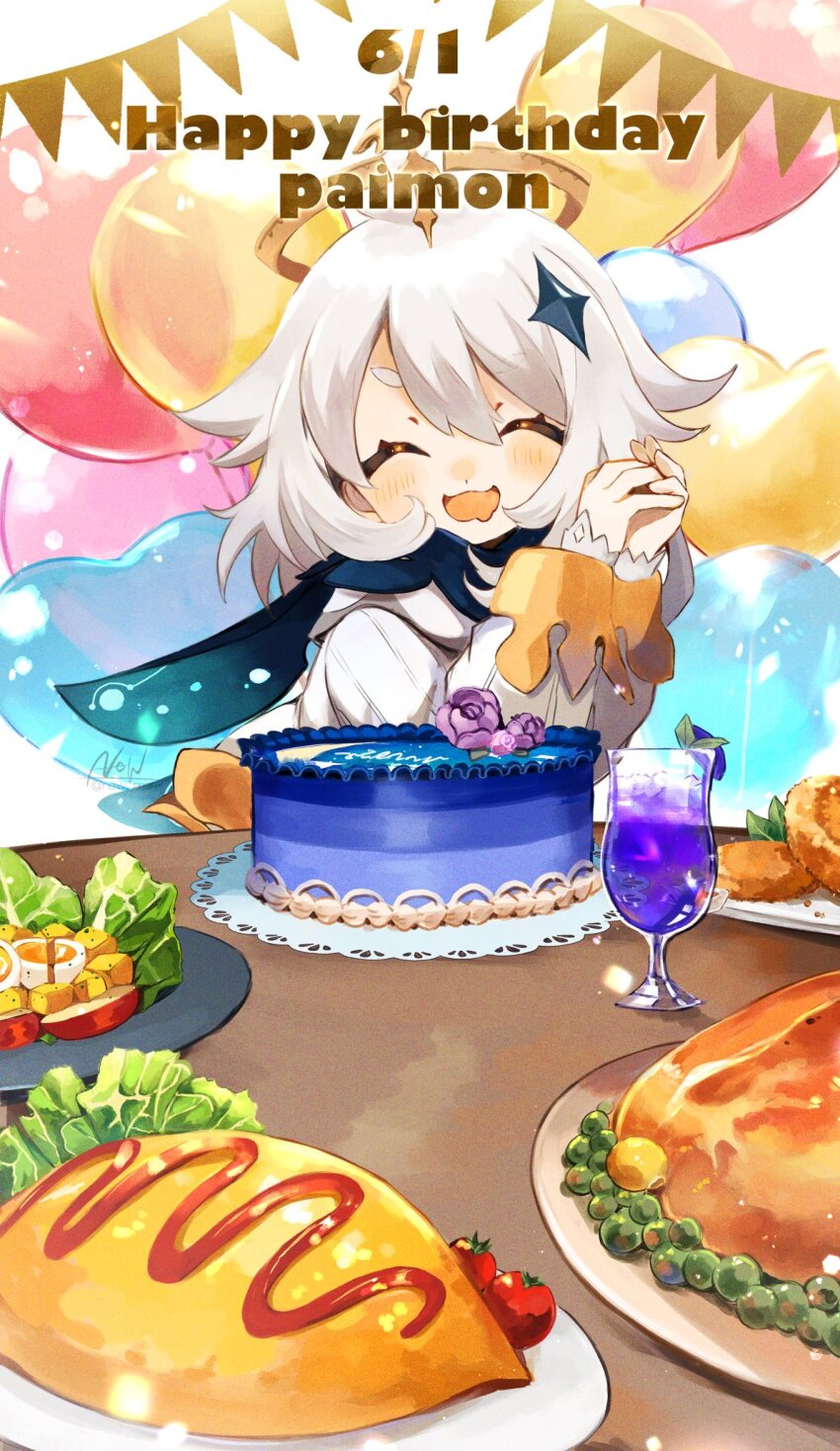 1girl :d ^_^ apple apple_slice artist_name balloon black_cape blush cake cape character_name cherry_tomato chicken_(food) closed_eyes commentary_request cup dated drink drinking_glass drooling egg_(food) eyelashes flower food fruit genshin_impact gold_trim hair_between_eyes hair_ornament halo hands_clasped_in_delight hands_up happy happy_birthday hardboiled_egg hash_browns heart_balloon highres holding holding_flower ketchup lettuce long_sleeves medium_hair mondstadt_hash_brown_(genshin_impact) mouth_drool new_(new_gnsn) omelet omelette_rice_(genshin_impact) omurice open_mouth own_hands_together paimon_(genshin_impact) peas plate romper satisfying_salad_(genshin_impact) short_eyebrows sidelocks signature smile solo star_(symbol) star_hair_ornament string_of_flags sweet_madame_(genshin_impact) table tomato twitter_username v-shaped_eyebrows white_hair white_romper wolfhook_juice_(genshin_impact)
