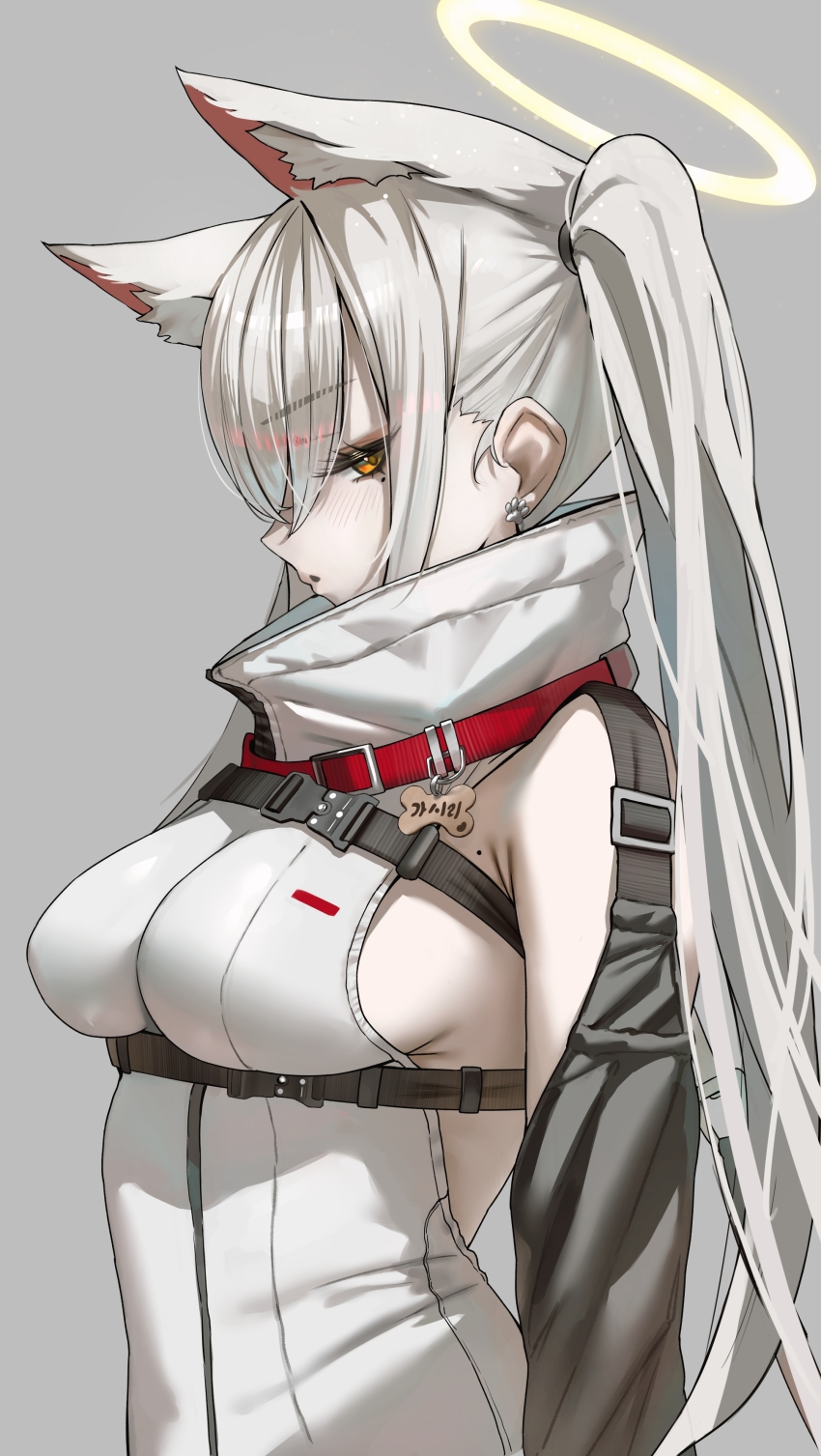 absurdres animal_ear_fluff animal_ears belt breasts cropped_torso dog_ears dog_girl ear_piercing grey_background halo highres jacket jindogod long_hair looking_at_viewer open_mouth orange_eyes original paw_earrings piercing red_belt sideboob simple_background solo standing twintails white_jacket