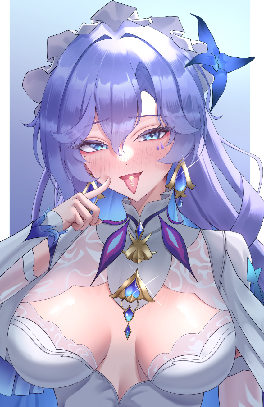 1girl :p absurdres blue_background blue_eyes blue_flower blush border breasts breasts_apart cantarella_(wuthering_waves) cheek_poking commentary earrings facial_mark flower hair_between_eyes hair_flower hair_ornament headdress highres jewelry large_breasts long_hair looking_at_viewer mark_under_eye mole mole_under_eye open_mouth poking purple_hair rua_(rua0007113) shrug_(clothing) smile solo tacet_mark_(wuthering_waves) tongue tongue_out upper_body white_border white_shrug wuthering_waves