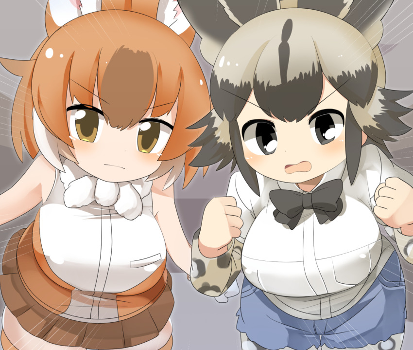african_wild_dog_(kemono_friends) animal_ears animal_print bare_shoulders black_hair blush bow bowtie breasts brown_hair dhole_(kemono_friends) dog_ears dog_girl dog_tail extra_ears gloves kemono_friends kemono_friends_3 large_breasts lets0020 long_sleeves looking_at_viewer multicolored_hair multiple_girls open_mouth pov shirt short_hair short_sleeves shorts skirt sleeveless tail two-tone_hair white_hair
