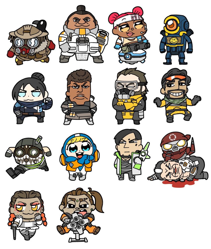 1other 6+boys 6+girls :3 :d animal animification apex_legends armor bangalore_(apex_legends) beard bird bkub black_bird black_eyes black_gloves black_hair blonde_hair blood bloodhound_(apex_legends) blue_eyes blue_scarf braid breasts brown_hair cane caustic_(apex_legends) chibi chibi_only classic_revenant cleavage coat colored_tips commentary_request crossed_arms crow crypto_(apex_legends) d.o.c._health_drone dark-skinned_female dark-skinned_male dark_skin dot_nose double_bun earrings eyebrow_cut eyeshadow facial_hair fingerless_gloves forge_(apex_legends) gatling_gun gibraltar_(apex_legends) gloves goggles green_scarf grey_gloves grin hair_bun hair_slicked_back half-closed_eyes hand_up hands_in_pockets hands_on_own_hips hands_up headband highres humanoid_robot jewelry lifeline_(apex_legends) loba_(apex_legends) long_hair makeup mask mechanical_legs mirage_(apex_legends) missing_tooth mole mole_on_cheek multicolored_hair multiple_boys multiple_girls no_pupils nose_piercing octane_(apex_legends) open_clothes open_coat open_mouth orange_eyes own_hands_together pathfinder_(apex_legends) piercing pink_lips pool_of_blood rampart_(apex_legends) rebreather red_eyeshadow red_gloves red_hair revenant_(apex_legends) robot running scarf short_hair side_ponytail simple_background single_hair_bun sitting smile standing syringe teeth twin_braids two-tone_hair upper_teeth_only wattson_(apex_legends) white_armor white_background white_coat white_headband wraith_(apex_legends) yellow_eyes yellow_gloves