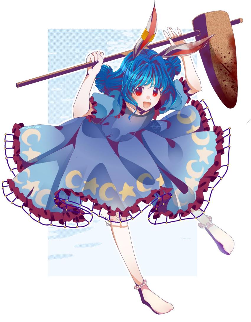 1girl hair_between_eyes heikokuru1224 highres kine mallet open_mouth red_eyes seiran_(touhou) simple_background smile socks solo touhou white_background white_socks