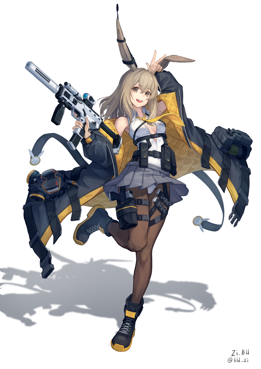 1girl absurdres ammunition_pouch animal_ears antennae arm_up artist_name black_coat black_footwear bld_zi breasts brown_eyes brown_pantyhose cleavage cleavage_cutout clothing_cutout coat collar commentary crossed_bangs english_commentary explosive foregrip full_body gas_mask glock grenade grey_shirt gun h&amp;k_mp7 hair_between_eyes handgun highres holster laser_sight leotard light_brown_hair load_bearing_vest long_hair long_sleeves magazine_(weapon) mask medium_breasts multicolored_coat necktie open_clothes open_coat open_collar open_mouth optical_sight original padded_coat panties panty_peek pantyhose pleated_skirt pouch rabbit_ears rabbit_girl rabbit_symbol shadow shirt shoes simple_background skirt sleeveless smile solo standing standing_on_one_leg submachine_gun suppressor teeth thermos thigh_holster thigh_pouch thigh_strap trench_coat trigger_discipline twitter_username two-tone_coat two-tone_footwear underwear upper_teeth_only w weapon white_background white_collar white_leotard yellow_coat yellow_necktie yellow_shoes zipper