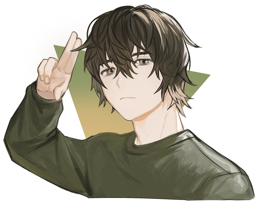 1boy black_hair black_shirt gradient_hair hair_between_eyes hand_up highres long_sleeves magami_keigo male_focus messy_hair multicolored_hair nennen_(pixiv14003276) salute shirt short_hair simple_background solo two-finger_salute white_background witch_watch