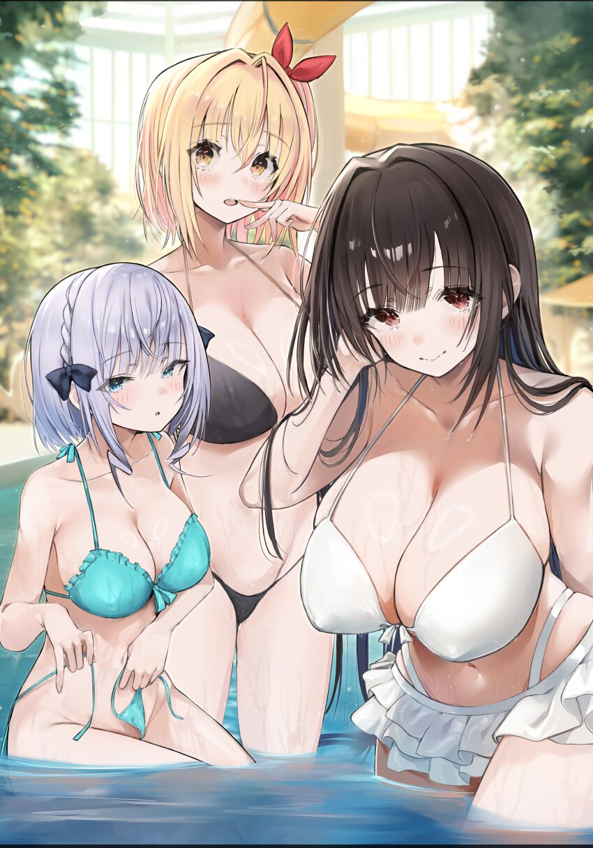 absurdres aqua_eyes artist_request bare_arms bikini bikini_skirt black_bikini black_hair blonde_hair blue_eyes blurry blurry_background braid breasts brown_eyes cleavage collarbone commentary_request covered_erect_nipples frilled_bikini frills grey_hair hair_ribbon highres large_breasts long_hair looking_at_viewer medium_breasts medium_hair navel open_mouth original pool red_eyes ribbon second-party_source sidelocks sitting smile standing swimsuit tree water_slide waterpark wet white_background