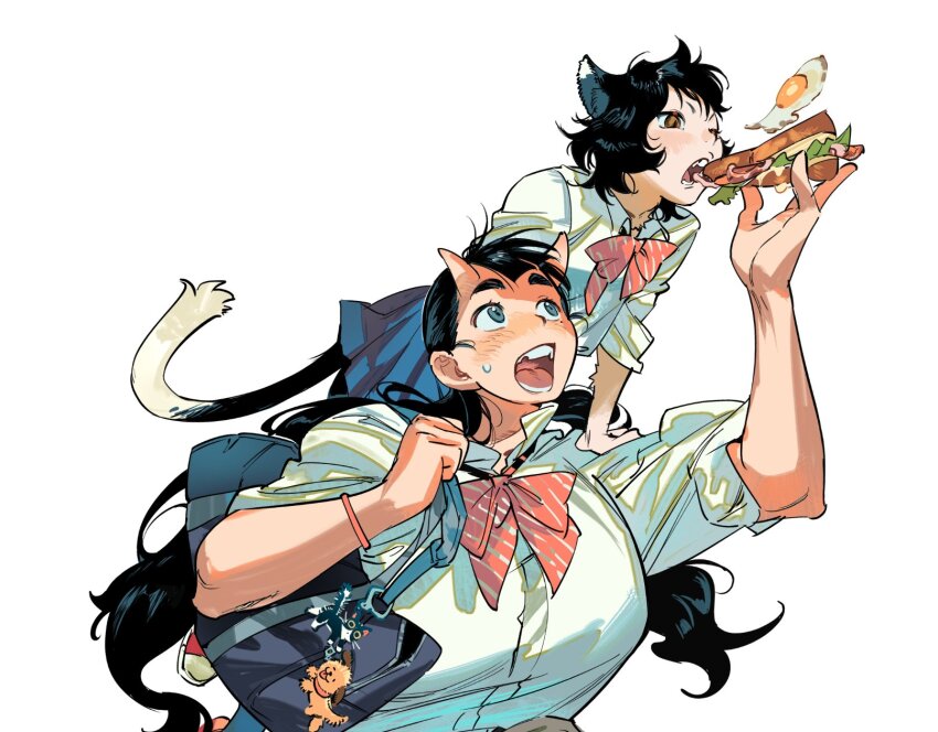 2girls animal_ears atie1225 bag black_hair bow bowtie brown_eyes cat_ears cat_girl charm_(object) chipped_tooth dungeon_meshi food food_theft fried_egg highres horns inutade izutsumi long_hair multiple_girls oni open_mouth sandwich school_uniform shirt simple_background skin-covered_horns upper_body white_background white_shirt