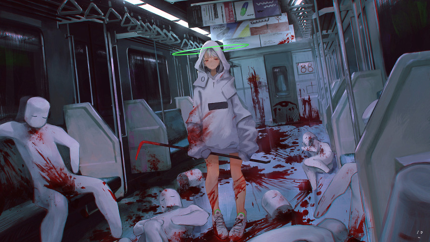 1girl 5others blood blood_stain commentary_request crowbar death decapitation expressionless grey_hair halo holding holding_crowbar hood hoodie kanikumi_toi looking_at_viewer multiple_others original shoes sneakers train_interior