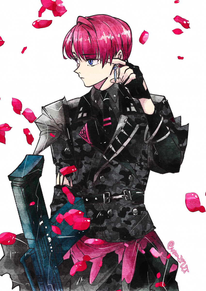 1boy absurdres adjusting_earrings arm_at_side armor artist_name assault_rifle belt black_belt black_coat black_gloves black_necktie blue_eyes bowl_cut bullpup buttons closed_mouth coat collared_shirt cowboy_shot double-breasted earrings expressionless falling_petals fingerless_gloves fingernails gloves grey_shirt gun hand_on_own_ear hand_up heterochromia highres jewelry l85 like_two_(senjuushi) looking_ahead male_focus necktie pauldrons petals pink_hair pink_petals profile purple_eyes rifle senjuushi:_the_thousand_noble_musketeers_rhodoknight senjuushi_(series) shirt short_hair shoulder_armor simple_background single_pauldron solo turning_head twitter_username vam217 very_short_hair watercolor_effect weapon white_background wing_collar