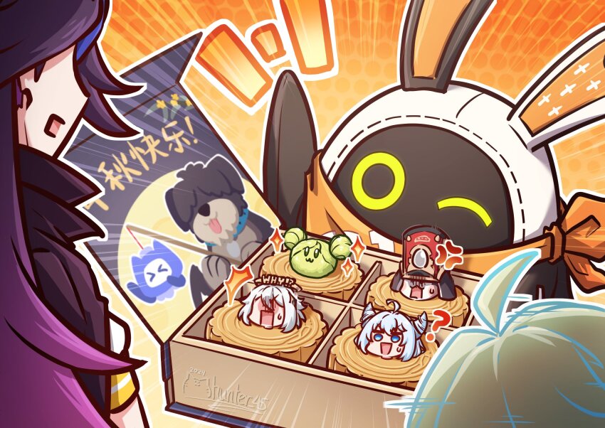 1boy 3girls ai-chan_(honkai_impact) animal_ears bangboo_(zenless_zone_zero) benghuai_xueyuan crystal_hair_ornament davis_(tears_of_themis) doll duonigue_(honkai_impact) eous_(zenless_zone_zero) genshin_impact green_hair hair_bun halo hat highres honkai:_star_rail honkai_(series) honkai_impact_3rd houraiji_kyuushou lop_rabbit_ears mhunter_45 mihoyo mimo_(mihoyo) miyouji multiple_girls paimon_(genshin_impact) pom-pom_(honkai:_star_rail) rabbit_ears shako_cap tears_of_themis white_hair zenless_zone_zero