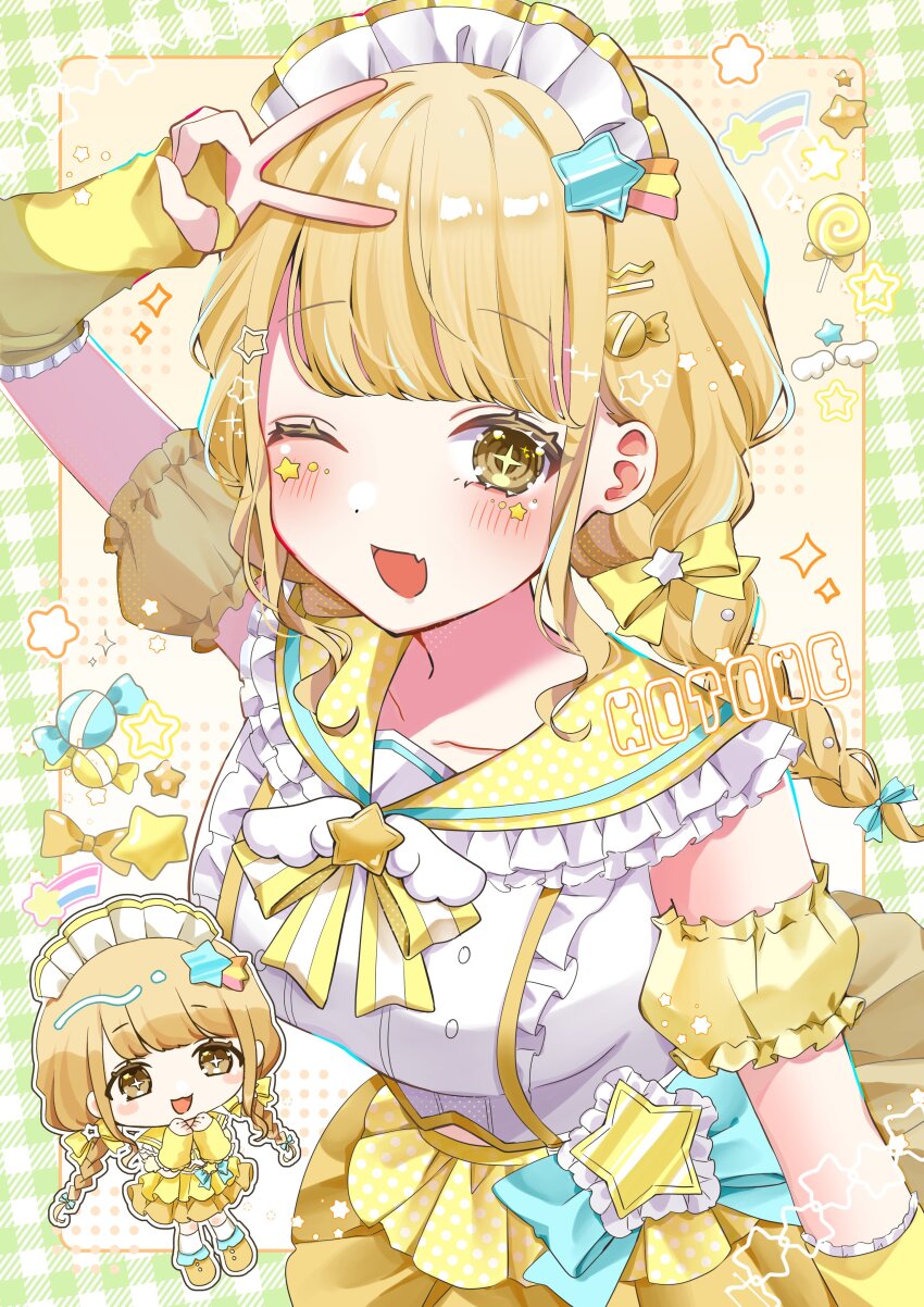 +_+ 1girl ;d absurdres arm_warmers blonde_hair bow braid breasts candy candy_hair_ornament character_name chibana_sora chibi chibi_inset commentary_request detached_sleeves fang food food-themed_hair_ornament frilled_shirt_collar frills fujita_kotone gakuen_idolmaster hair_bow hair_ornament highres idolmaster lollipop looking_at_viewer maid_headdress medium_breasts one_eye_closed open_mouth sailor_collar shoes simple_background skin_fang skirt smile star_(symbol) star_hair_ornament star_sticker sticker_on_face twin_braids twintails upper_body v v_over_head yellow_arm_warmers yellow_bow yellow_eyes yellow_sailor_collar yellow_shoes yellow_skirt yellow_sleeves