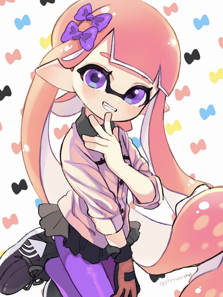 1girl amezawa_koma black_shoes black_skirt bow collared_shirt commentary_request dot_nose dress_shirt gloves grin hair_behind_ear hair_bow hand_on_own_chin highres inkling inkling_girl inkling_player_character long_hair looking_at_viewer miniskirt nintendo pantyhose pink_hair pink_shirt pointy_ears purple_bow purple_eyes purple_pantyhose red_gloves shirt shoes single_glove skirt smile sneakers solo splatoon_(series) tentacle_hair twintails white_background