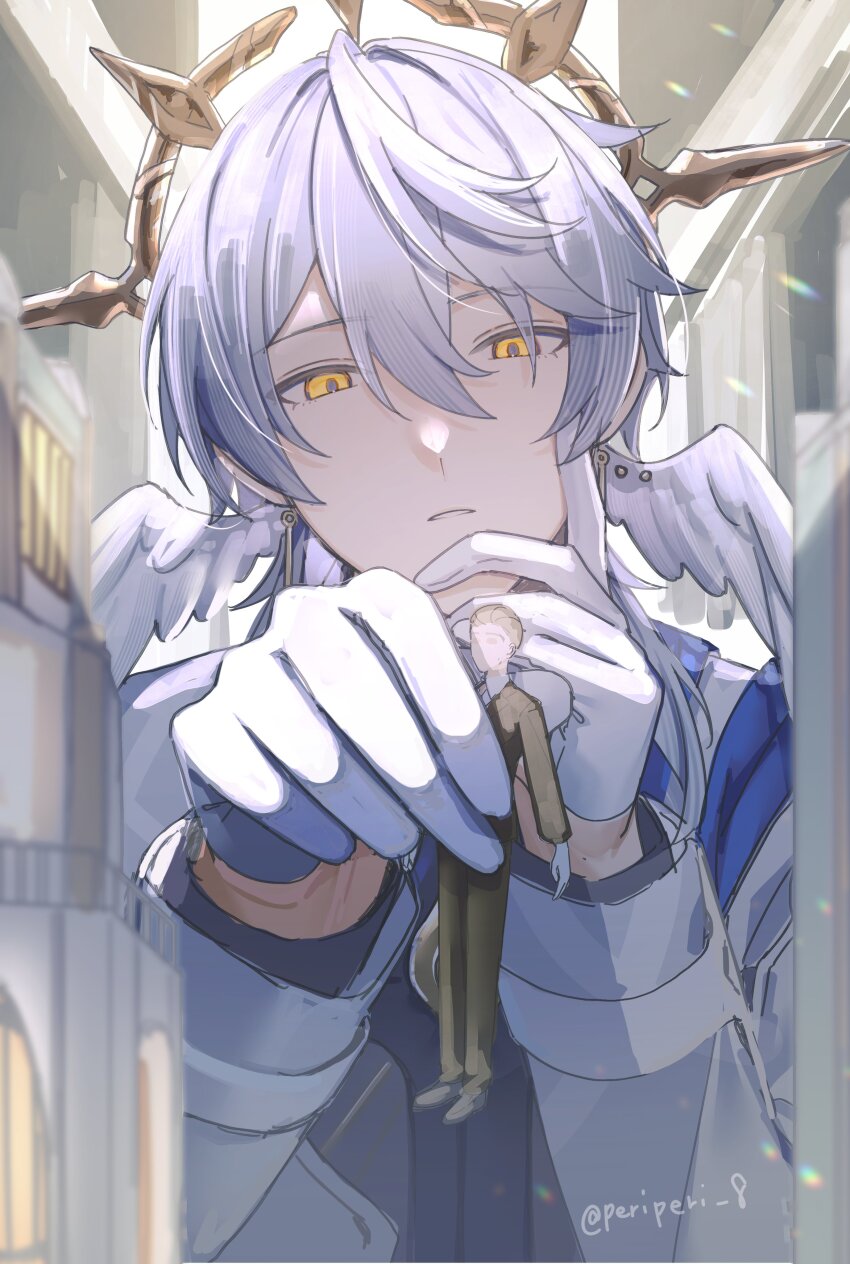 1boy absurdres blurry depth_of_field gloves grey_hair grey_jacket hair_between_eyes halo halo_behind_head hand_on_own_face hands_up head_wings highres holding honkai:_star_rail honkai_(series) jacket long_sleeves looking_at_viewer male_focus medium_hair miniature parted_lips peridot_(periperi_8) piercing solo sunday_(honkai:_star_rail) sunday_(sacerdos&#039;_relived_ordeal)_(honkai:_star_rail) twitter_username upper_body white_gloves white_wings wing_piercing wings yellow_eyes