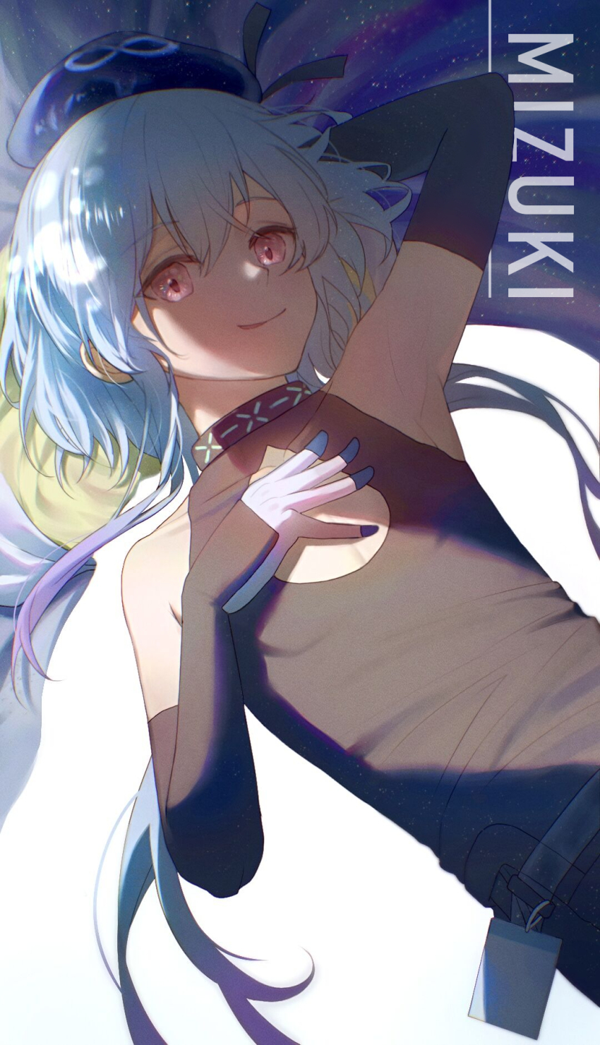 1boy arknights armpits aura_mage bare_shoulders beret black_shirt black_sleeves blue_hair blue_hat character_name commentary detached_sleeves gloves hair_between_eyes hat highres long_hair long_sleeves low_ponytail male_focus mizuki_(arknights) pink_eyes ponytail shirt sleeveless sleeveless_shirt solo upper_body very_long_hair white_gloves