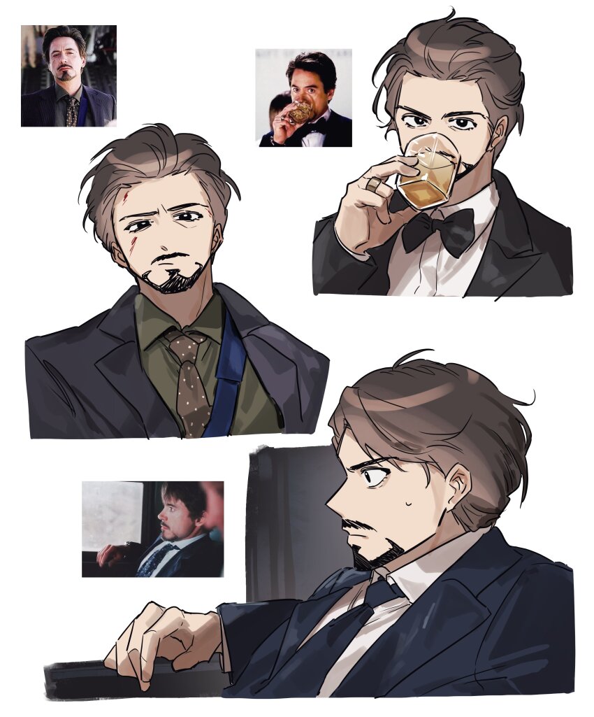 1boy absurdres alcohol animification black_bow black_bowtie black_eyes black_jacket black_necktie bow bowtie brown_hair brown_necktie chjjlold closed_mouth collared_shirt commentary_request cup derivative_work drinking drinking_glass facial_hair green_shirt hand_up highres holding holding_cup iron_man_(2008) iron_man_(series) jacket korean_commentary lapels long_sleeves looking_at_viewer looking_to_the_side male_focus marvel marvel_cinematic_universe multiple_views necktie open_clothes open_jacket polka_dot_necktie scotch_whisky screenshot_redraw shirt short_hair simple_background suit_jacket sweatdrop tony_stark upper_body white_background white_shirt