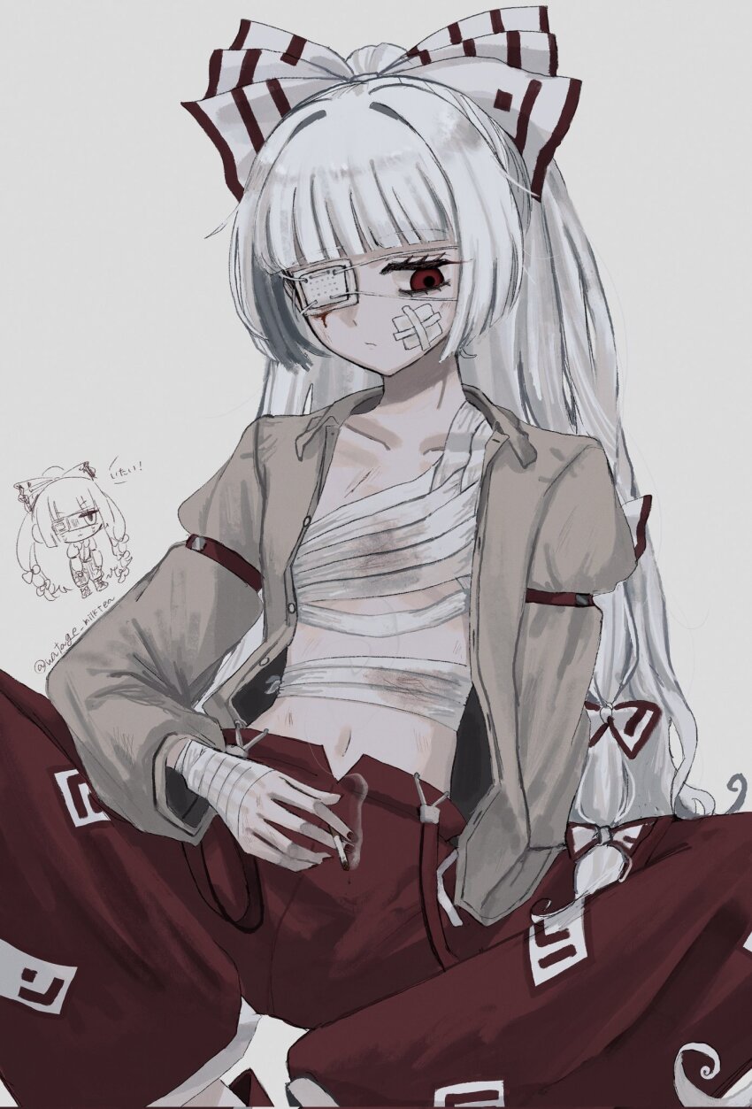 1girl bandaged_chest bandaged_hand bandaged_torso bandages bandaid bandaid_on_face blood bloody_tears bow cigarette expressionless eyepatch flat_chest fujiwara_no_mokou grey_background grey_shirt hair_bow hair_ribbon highres holding holding_cigarette long_hair long_sleeves medical_eyepatch navel open_clothes open_shirt pants red_eyes red_pants ribbon shirt sitting solo touhou twitter_username very_long_hair watage_milktea white_hair