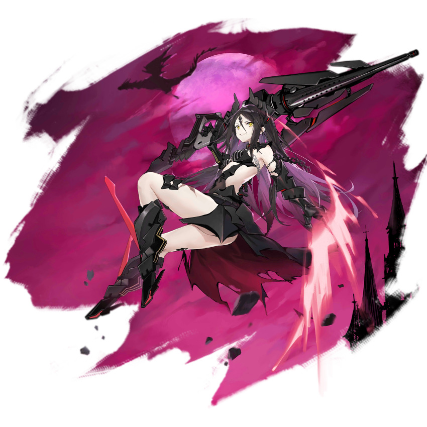 1girl armor armored_boots asymmetrical_armor bikini bikini_top_only black_armor black_hair black_horns black_leotard black_skirt boots breasts castle chain closed_mouth debris dragon dreamer_(girls&#039;_frontline) dreamer_(moonlit_sentinel)_(girls&#039;_frontline) facial_mark floating forehead_mark full_body full_moon gauntlets girls&#039;_frontline grin hair_between_eyes highres holding holding_weapon horns huge_moon huge_weapon knee_up leotard long_hair looking_at_viewer medium_breasts moon official_alternate_costume official_art purple_aura red_skirt sangvis_ferri scar scar_on_face scar_on_leg science_fiction showgirl_skirt skirt slit_pupils smile smile_(mm-l) solo striped_bikini striped_clothes swimsuit thigh_armor third-party_source torn_clothes torn_skirt transparent_background two-sided_fabric two-sided_skirt very_long_hair weapon yellow_eyes