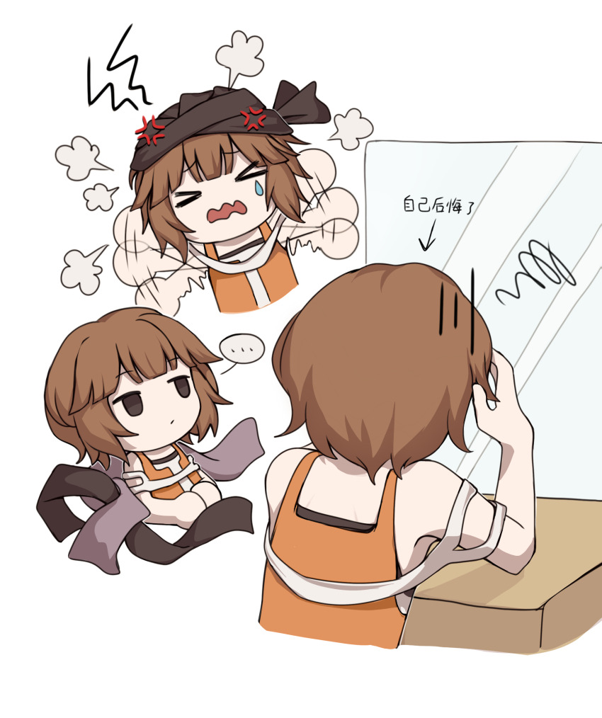 &gt;_&lt; 3others anger_vein arde_(len&#039;en) benny_(len&#039;en) black_hair black_turban brown_hair chinese_text cine_hamal euthan highres kuzu_suzumi len&#039;en multiple_others open_clothes open_mouth open_vest orange_vest other_focus shirt short_hair sleeveless sleeveless_shirt translation_request turban vest white_shirt