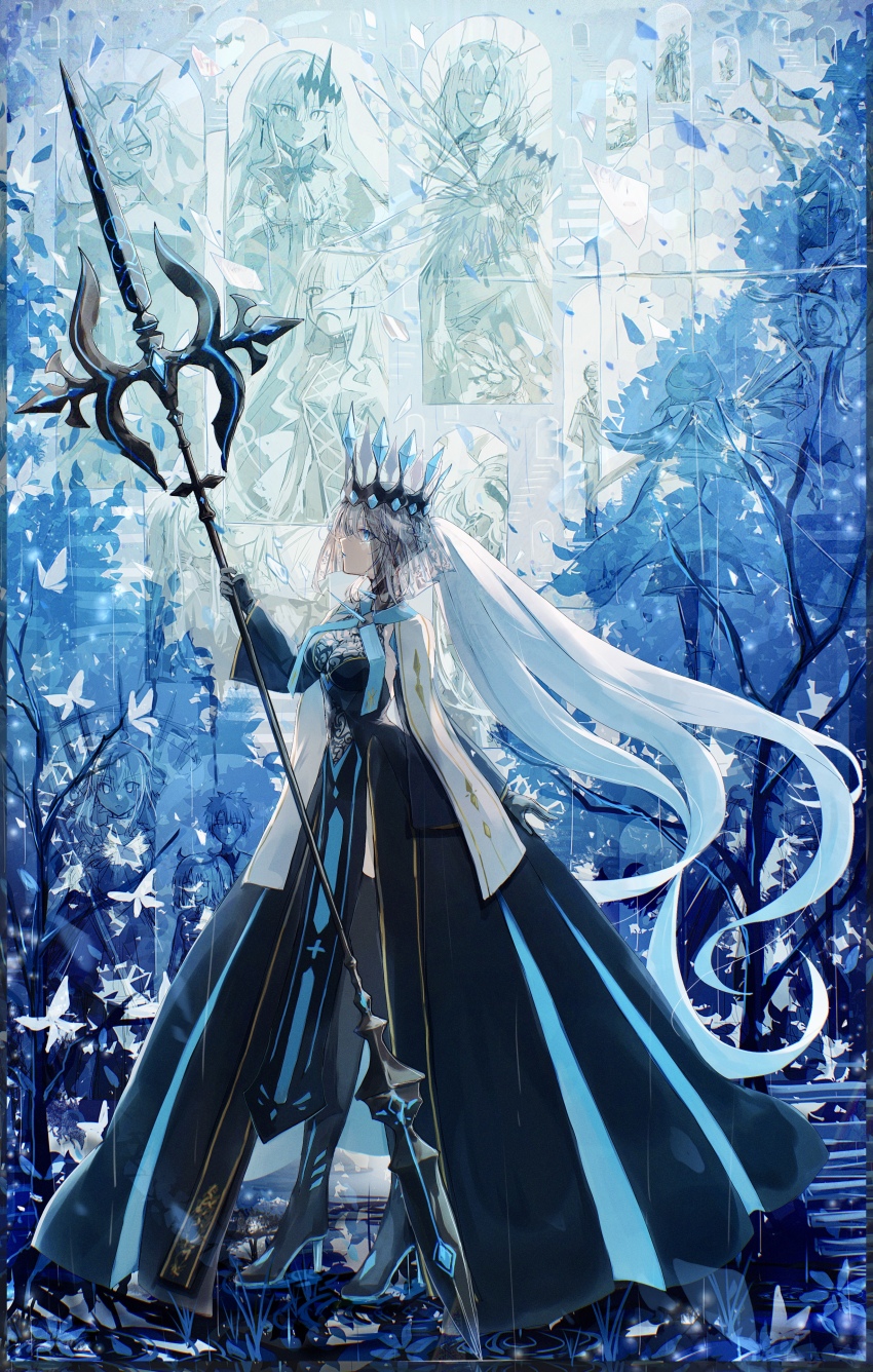 1girl absurdres aesc_(fate) aesc_(savior)_(fate) ahoge anohito_(amaruno110) artoria_caster_(fate) artoria_pendragon_(fate) aurora_(fate) baobhan_sith_(fate) baobhan_sith_(first_ascension)_(fate) baobhan_sith_(third_ascension)_(fate) barghest_(fate) barghest_(first_ascension)_(fate) beret beryl_gut black_boots black_dress black_gloves black_veil blue_eyes blue_lips boots braid braided_bun broken_glass bug butterfly chromatic_aberration closed_mouth crown crying crying_with_eyes_open detached_sleeves dragonfly_wings dress fate/grand_order fate_(series) film_grain from_behind from_side fujimaru_ritsuka_(female) fujimaru_ritsuka_(male) full_body glass glass_shards gloves hair_bun half_up_braid hat high_heel_boots high_heels highres holding holding_polearm holding_staff holding_weapon insect lipstick long_hair long_sleeves makeup melusine_(fate) morgan_le_fay_(fate) morgan_le_fay_(queen_of_winter)_(fate) oberon_(fate) oberon_(third_ascension)_(fate) one_side_up ornament polearm ponytail ribbon ripples saber_(fate) shattered smile solo solo_focus staff stained_glass stairs standing tears thigh_boots twintails veil very_long_hair weapon white_hair wide_sleeves woodwose_(fate)