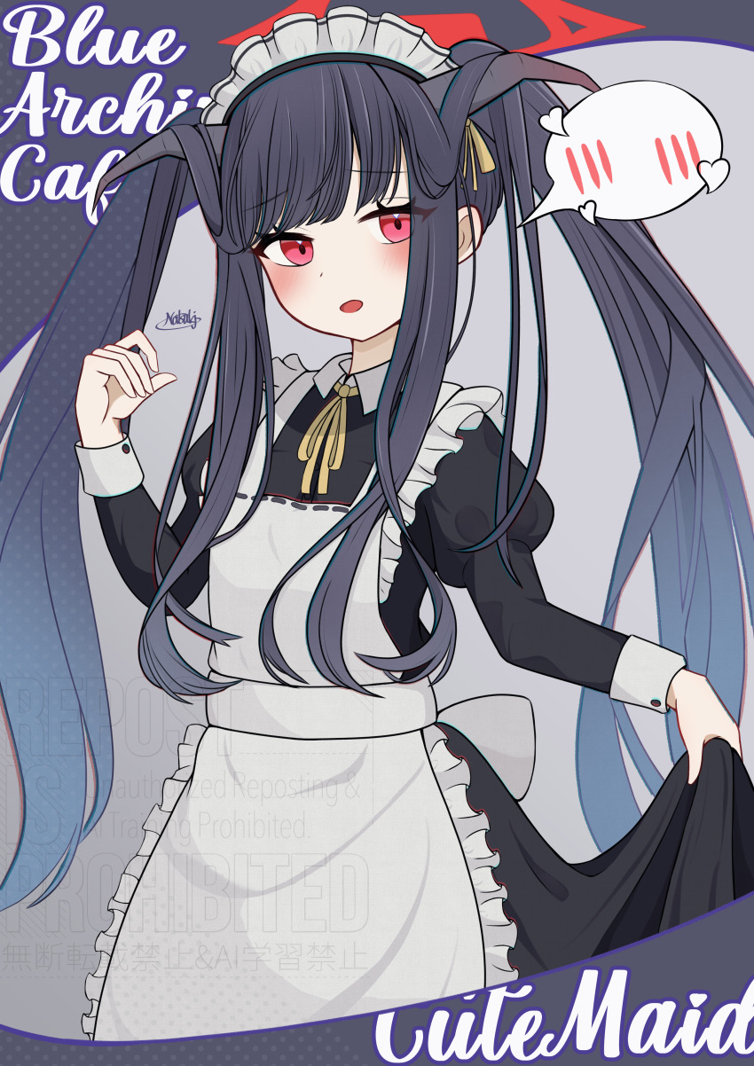 1girl absurdres alternate_costume apron black_hair blue_archive blunt_bangs blush commentary_request copyright_name cowboy_shot demon_girl demon_horns enmaided frilled_apron frills fuuka_(blue_archive) grey_background halo hand_up heart highres horns juliet_sleeves long_hair long_sleeves looking_at_viewer maid maid_apron maid_headdress neck_ribbon open_mouth puffy_sleeves red_eyes red_halo ribbon shy sidelocks signature simple_background skirt_hold solo speech_bubble spoken_blush straight_hair tanabata_natsuki twintails very_long_hair watermark white_apron yellow_ribbon