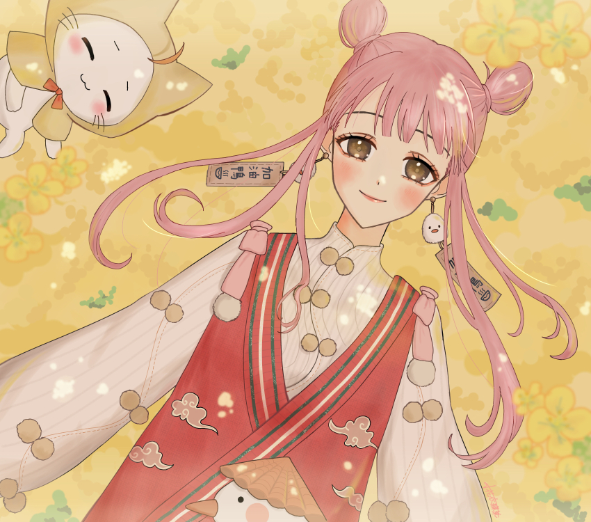 1girl =_= ahoge animal bow bowtie brown_eyes cat cloak clothed_animal cloud_print collared_shirt commentary_request cowboy_shot day double_bun duck_earrings ear_covers earrings eyelashes eyeshadow field flower flower_field go_go_duck_(shining_nikki) hair_bun happy highres hood hood_up hooded_cloak jewelry kohanai_setsuna light_blush long_sleeves lying makeup momo_(nikki) nikki_(nikki) nikki_(series) on_back orange_bow orange_bowtie outdoors pink_bow pink_eyeshadow pink_hair pom_pom_(clothes) puffy_long_sleeves puffy_sleeves red_vest shade shining_nikki shirt short_hair_with_long_locks striped_clothes striped_shirt tareme traditional_bowtie vertical-striped_clothes vertical-striped_shirt vest whiskers white_cat white_shirt yellow_cloak yellow_flower
