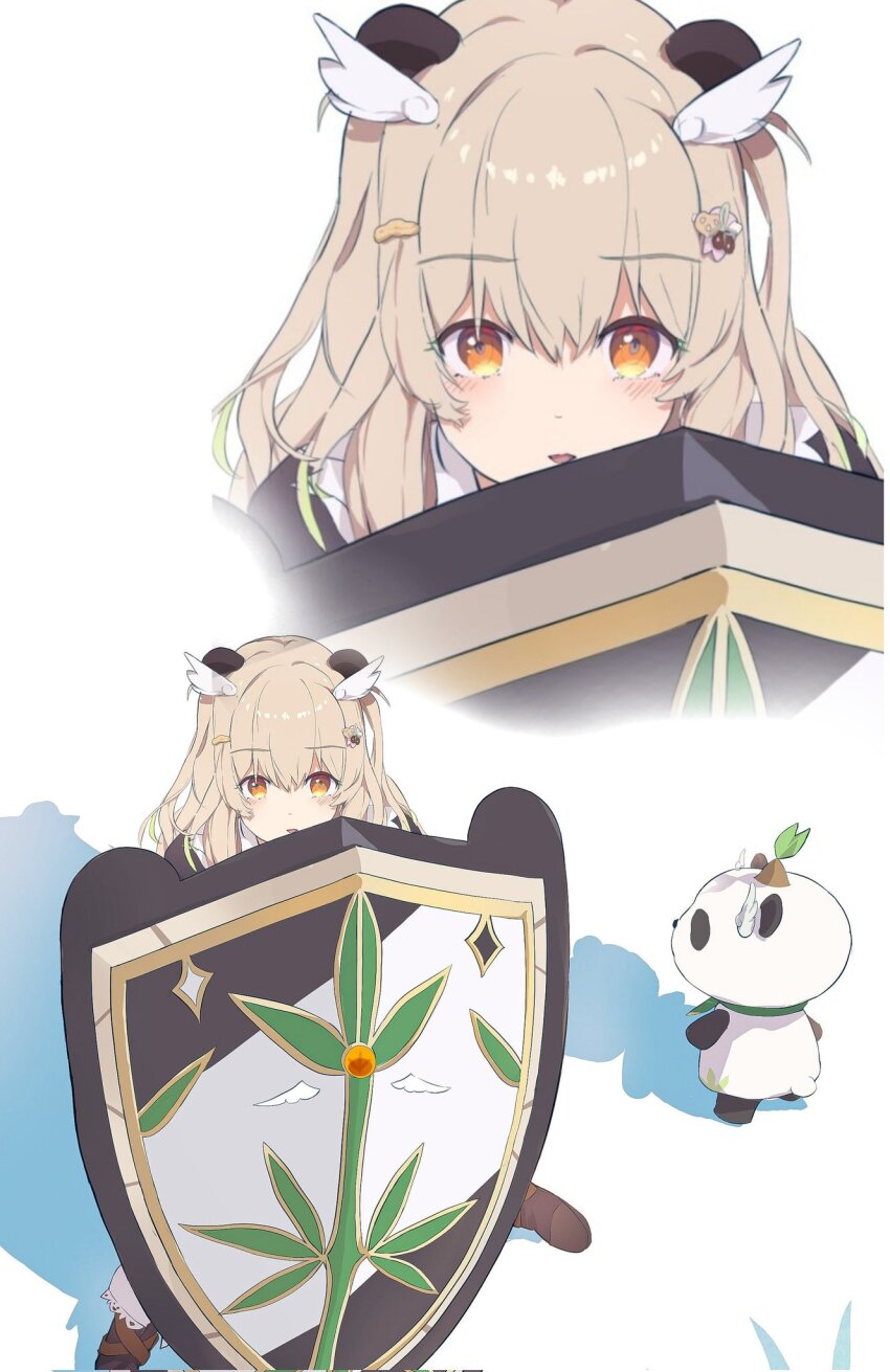 1girl amatsuna_sasaha animal_ears blush boots botan_(oacdrykafjf3g3d) brown_boots brown_hair commentary_request feather_hair_ornament feathers hair_ornament hairclip highres holding holding_shield long_hair looking_at_viewer nanashi_inc. open_mouth orange_eyes panda panda_ears panda_girl shield simple_background solo standing upper_body virtual_youtuber white_background zoom_layer