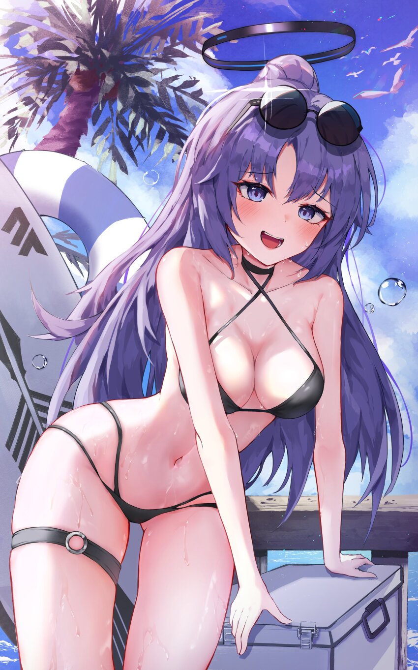 1girl :d absurdres alternate_costume arm_support bikini bird black_bikini black_choker blue_archive blue_sky blurry breasts choker cleavage cloud cloudy_sky coconut_tree collarbone commentary_request cooler criss-cross_halter depth_of_field eyewear_on_head fence groin hair_between_eyes halo halterneck highres jewelry leaning_to_the_side lifebuoy long_hair looking_at_viewer medium_breasts navel ocean open_mouth outdoors palm_tree parted_bangs purple_eyes purple_hair seagull shiriaru_(jjonaeng) sidelocks sky sleeveless smile solo spaghetti_strap stomach sunglasses surfboard swim_ring swimsuit thighlet tree two_side_up wet wet_clothes wet_swimsuit wooden_fence yuuka_(blue_archive)