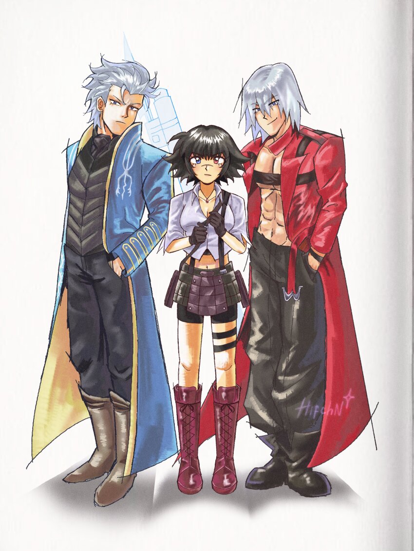 1girl 2boys absurdres bike_shorts black_hair black_pants blue_eyes blue_jacket boots dante_(devil_may_cry) devil_may_cry devil_may_cry_(series) devil_may_cry_3 hand_in_pocket heterochromia highres ifa_(hifchn) jacket kalina_ann_(weapon) lady_(devil_may_cry) looking_at_viewer midriff multiple_boys no_shirt pants red_eyes red_jacket rocket_launcher scar scar_on_face scar_on_nose shirt signature thigh_strap vergil_(devil_may_cry) weapon white_hair white_shirt