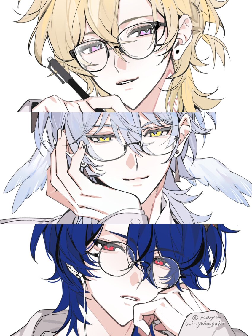 3boys aventurine_(honkai:_star_rail) bespectacled blonde_hair blue_hair dr._ratio_(honkai:_star_rail) ear_piercing glasses green_eyes grey_hair hand_up head_wings highres honkai:_star_rail honkai_(series) kayu_(yukagoin) multiple_boys parted_lips pen piercing purple_eyes red_eyes sunday_(honkai:_star_rail) upper_body wings