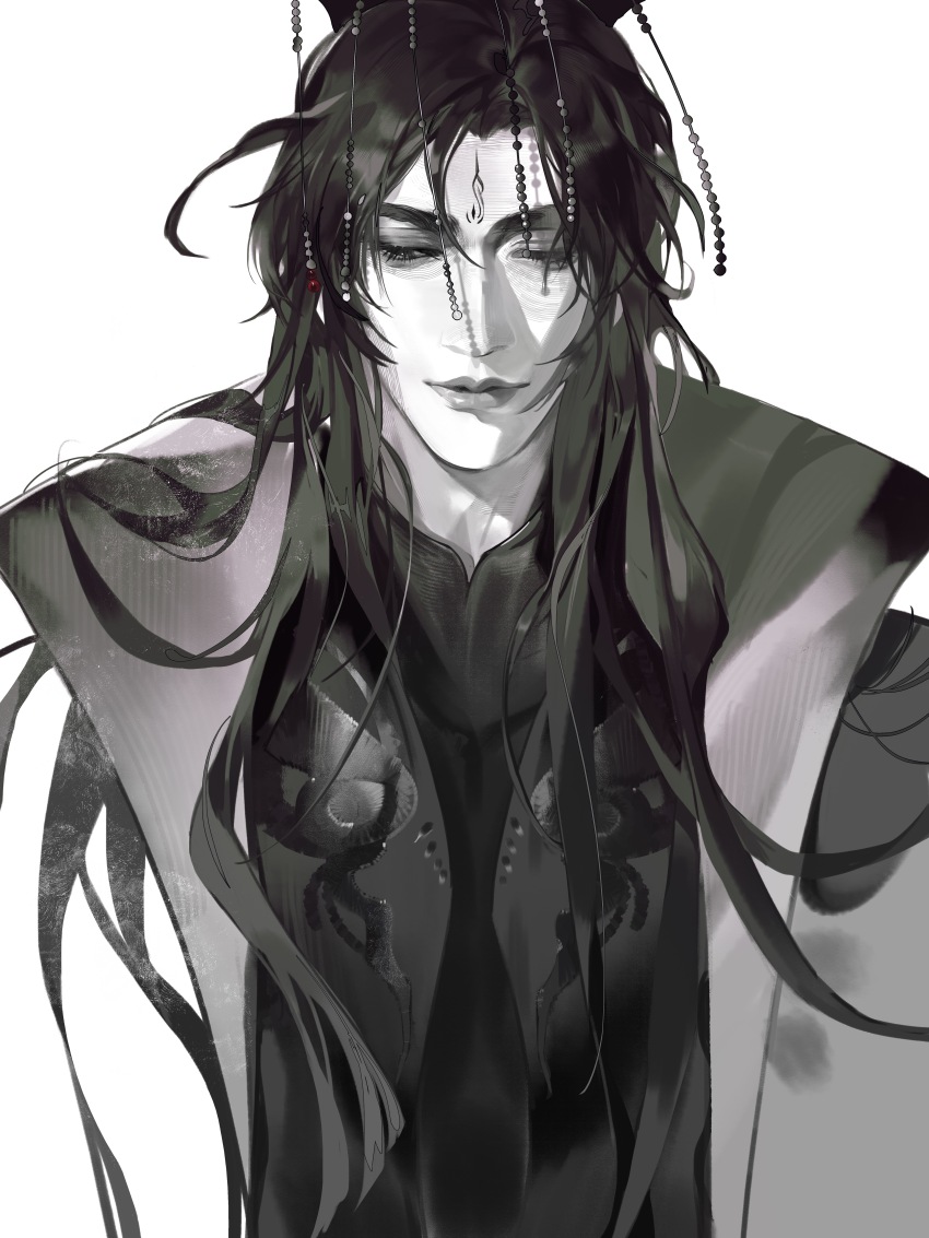 1boy absurdres beads chinese_clothes chinese_commentary closed_mouth erha_he_ta_de_bai_mao_shizun facial_mark forehead_mark guan_hat hanfu highres long_hair looking_down male_focus mian_guan mo_ran nourfeiar partially_colored simple_background solo spot_color taxian-jun upper_body zuiyin