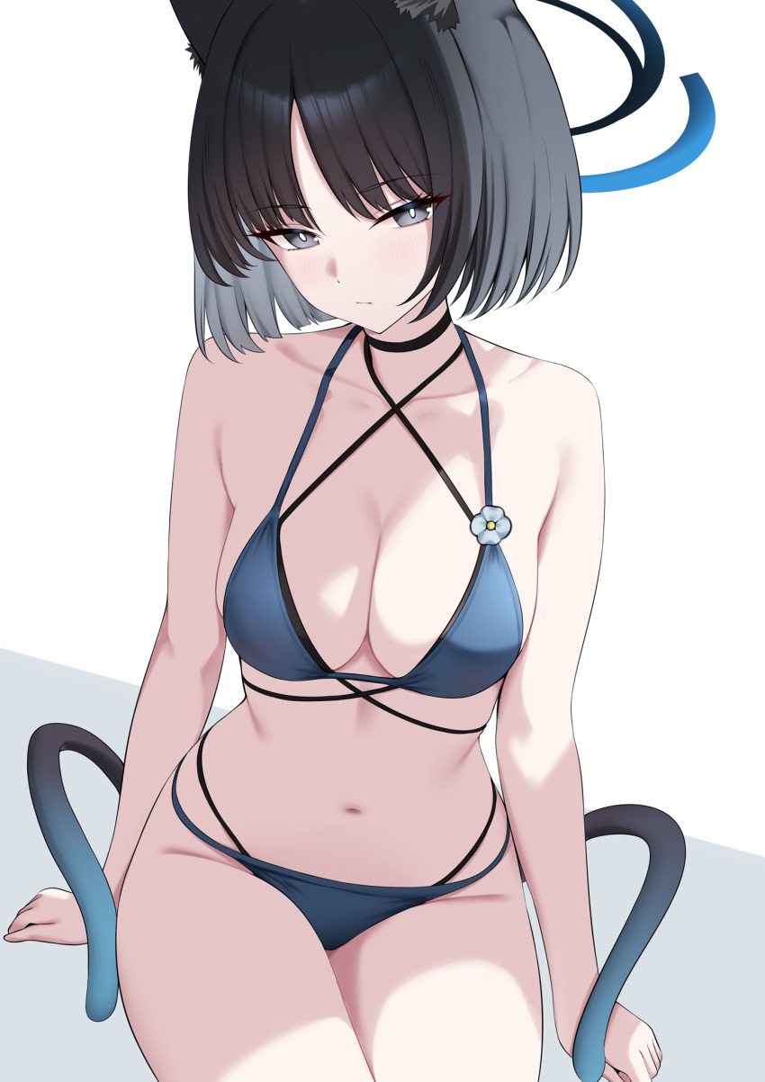1girl animal_ears bakeneko bikini black_eyes black_hair black_tail blue_archive blue_bikini blue_halo blue_tail bright_pupils cat_ears cat_girl cat_tail closed_mouth criss-cross_halter criss-cross_straps espada_gcon gradient_tail halo halterneck highres kikyou_(blue_archive) kikyou_(swimsuit)_(blue_archive) layered_bikini looking_at_viewer multi-strapped_bikini_bottom multiple_tails official_alternate_costume short_hair simple_background solo swimsuit tail two_tails white_background white_pupils