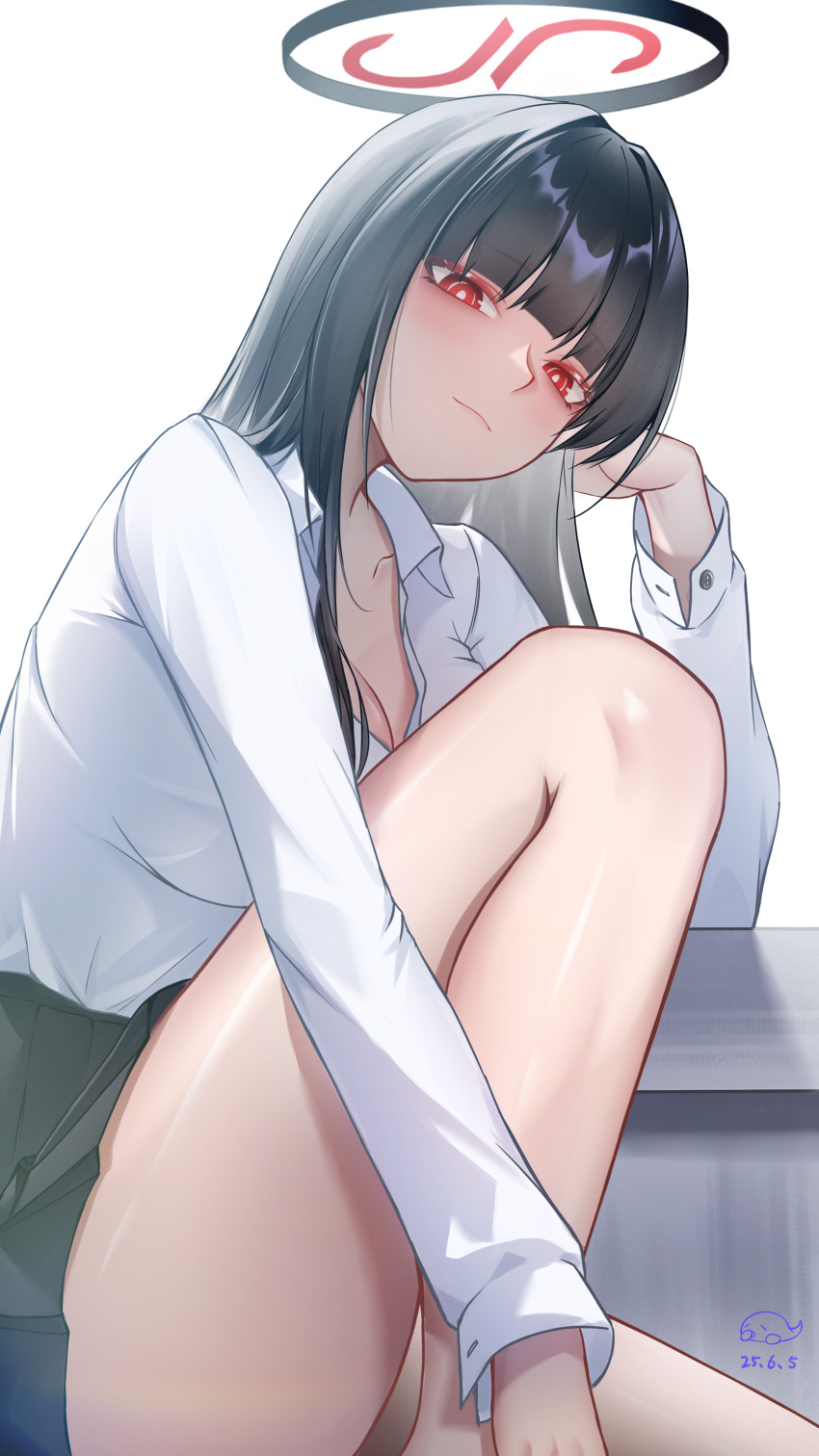 1girl absurdres aifankuendefeng alternate_costume bare_legs black_hair black_skirt blue_archive blunt_bangs breasts cleavage closed_mouth highres large_breasts long_hair looking_at_viewer panties red_eyes rio_(blue_archive) shirt sidelocks skirt smile solo underwear white_shirt yellow_panties