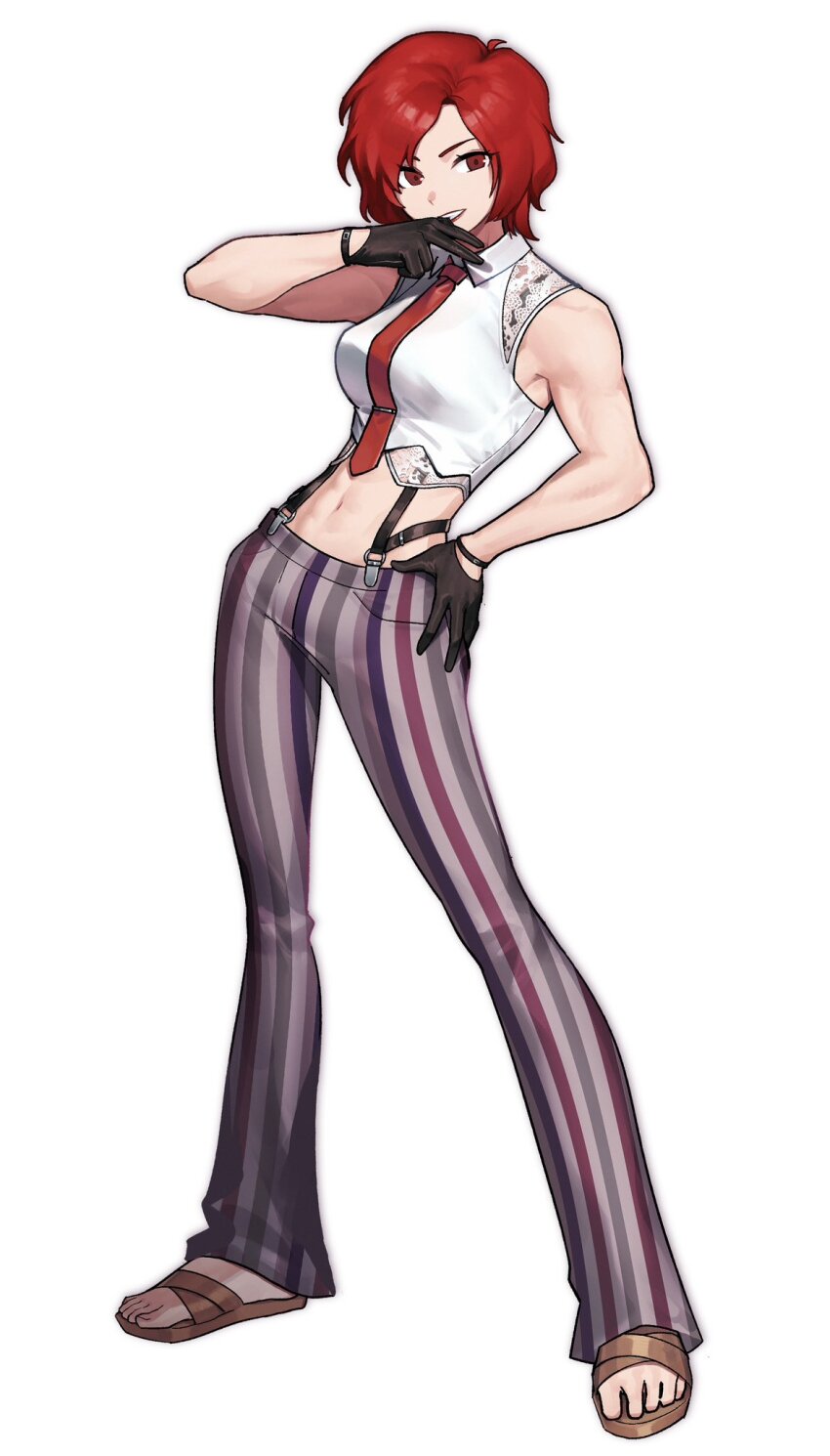 1girl breasts feet female_focus formal_clothes gloves highres in_cident_ok large_breasts leather pale_skin pants red_eyes red_hair see-through_clothes shirt shoes short_hair sleeveless standing suspenders the_king_of_fighters vanessa_(kof) white_shirt