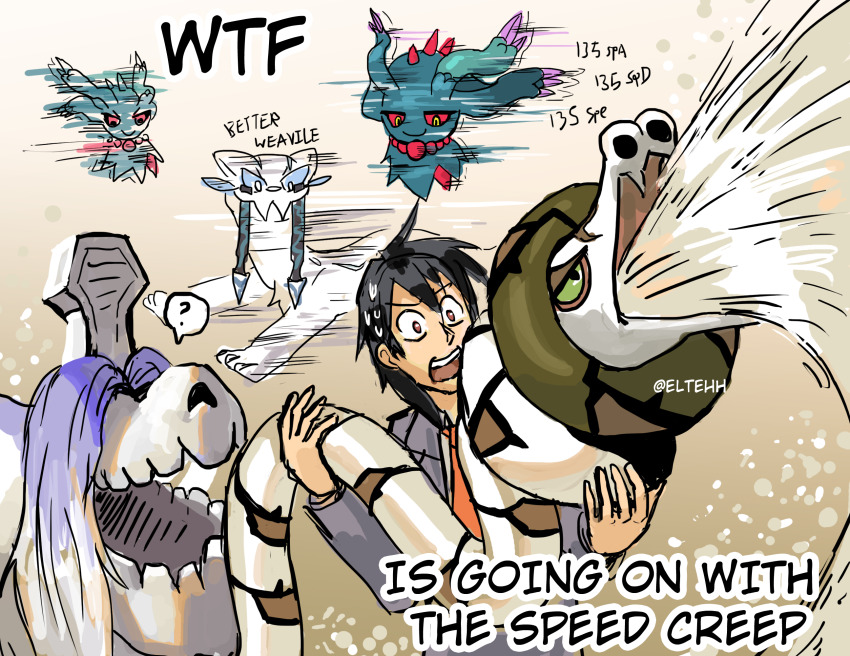 1boy 4others ? chien-pao colored_sclera english_text errantsquam fangs flutter_mane foreshortening gameplay_mechanics gen_8_pokemon gen_9_pokemon green_eyes highres holding holding_pokemon houndstone legendary_pokemon looking_at_another motion_lines multiple_others nintendo open_mouth pokemon pokemon_(creature) running sand sandaconda short_hair simple_background snake surprised