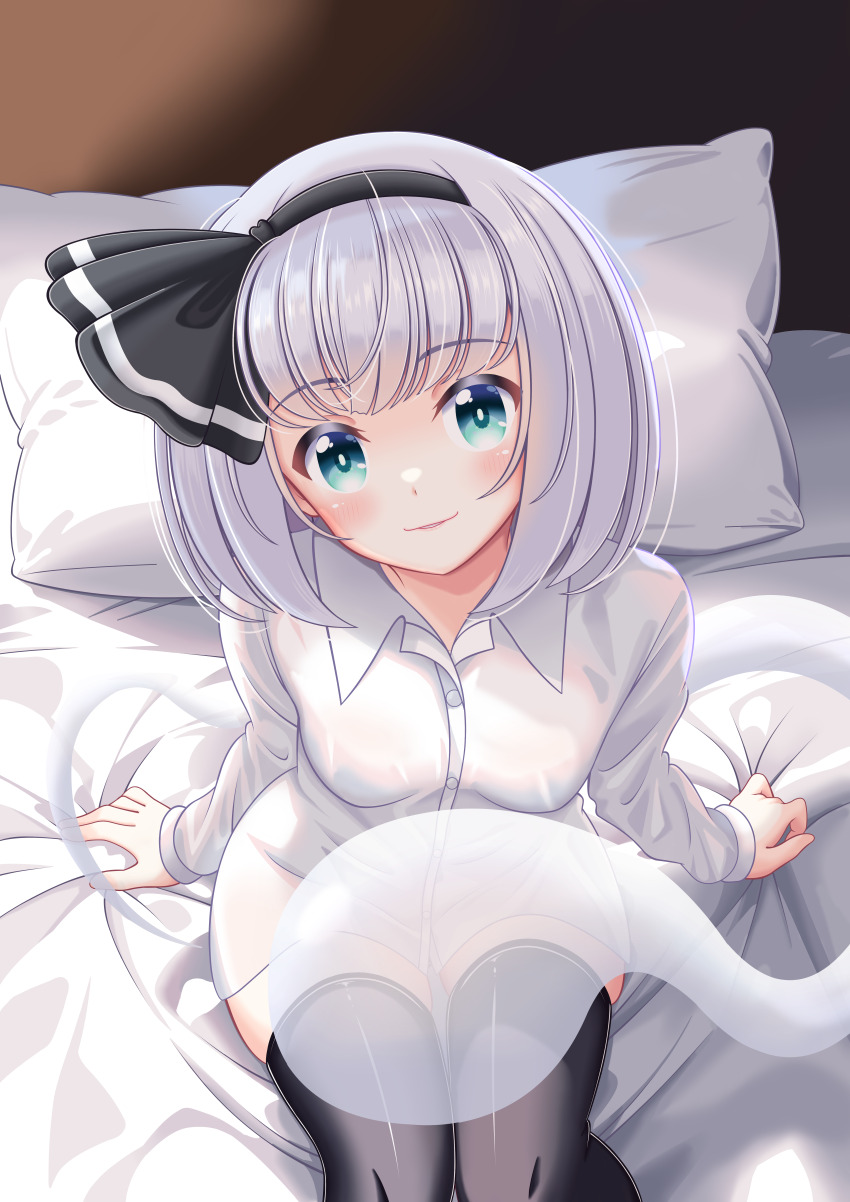 1girl absurdres bed_sheet black_bow black_hairband black_thighhighs blush bow bow_hairband breasts closed_mouth collared_shirt commentary_request feet_out_of_frame ghost green_eyes grey_hair hairband highres konpaku_youmu konpaku_youmu_(ghost) long_sleeves looking_at_viewer medium_breasts no_pants on_bed pillow reimei_(r758120518) shirt short_hair smile solo thighhighs touhou white_shirt