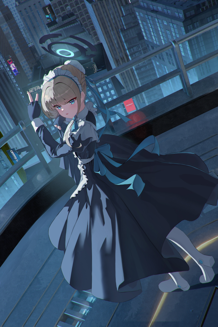1girl absurdres black_gloves blue_archive blue_dress blue_eyes blue_halo boots box_(bagsang59049289) brown_hair building bun_cover cityscape commentary dress dutch_angle english_commentary fingerless_gloves full_body gloves halo hand_up highres long_dress looking_ahead maid maid_headdress open_mouth outdoors rooftop short_hair skyscraper solo standing toki_(blue_archive) v white_boots