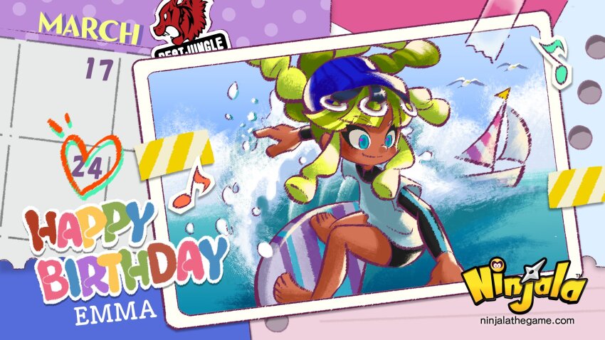 1girl aqua_eyes bare_legs barefoot bird black_sleeves black_wetsuit blue_hairband blue_pupils blue_sky blunt_bangs boat bodysuit calendar_(object) character_name closed_mouth commentary copyright_name copyright_notice dark-skinned_female dark_skin diving_suit dreadlocks eighth_note emma_(ninjala) english_commentary english_text eyelashes hairband happy_birthday heart highres kinky_hair logo long_sidelocks long_sleeves march masking_tape musical_note ninjala nose o-ring ocean official_art outdoors outline photo_(object) purple_outline rianti-wong sail seagull shirt sidelocks sky smile solo sticker surfboard surfing toes water_drop watercraft watermark web_address wetsuit white_shirt white_sleeves