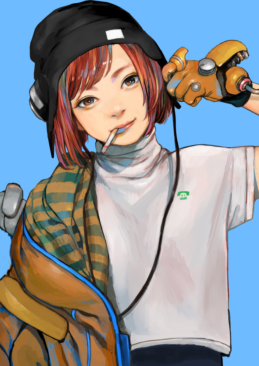 1girl absurdres beanie blue_background brown_eyes brown_hair cigarette gloves hat head_tilt highres jacket junjunforever lips looking_at_viewer mechanical_arms mouth_hold original red_hair shirt short_hair short_sleeves simple_background single_mechanical_arm smile smoking solo turtleneck upper_body white_shirt