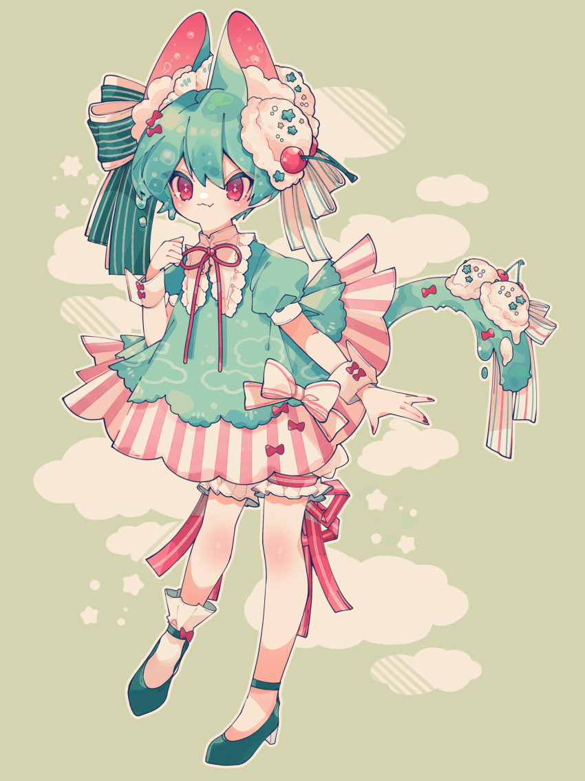 1boy absurdres animal_ears bloomers bow child cloud crossdressing dress fang food food-themed_hair_ornament frills fruit green_background green_bow green_dress green_hair green_shirt green_shoes hair_bow hair_ornament high_heels highres ice_cream ice_cream_hair_ornament male_focus medium_dress mouse_boy mouse_ears multiple_hair_bows original ozureiji pink_dress puffy_short_sleeves puffy_sleeves pumps red_bow red_eyes red_nails shirt shoes short_sleeves simple_background sitting skin_fang skirt solo striped_bow striped_clothes striped_skirt thigh_strap trap underwear wariza white_bloomers white_bow wrist_cuffs