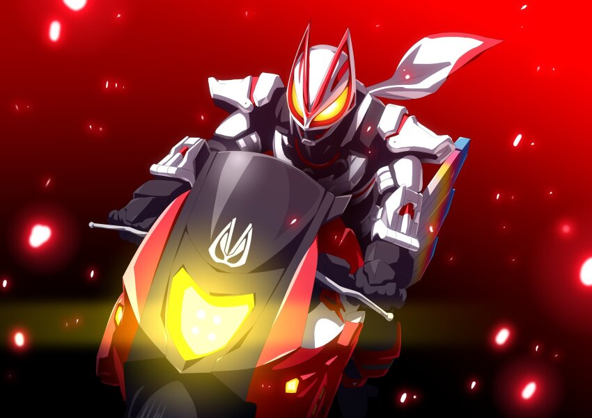 1boy animal_ears armor black_background black_bodysuit black_footwear black_gloves bodysuit boost_buckle boots desire_driver rider_belt exhaust exhaust_pipe fox fox_ears full_body gloves glowing glowing_eyes highres kamen_rider kamen_rider_geats kamen_rider_geats_(series) kitsune leg_armor logo magnum_boost male_focus motor_vehicle motorcycle orange_armor otokamu red_background scarf shoulder_armor sparks two-tone_background weapon white_armor white_scarf