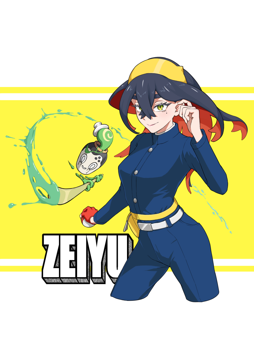 1girl belt belt_buckle black_hair blue_jacket blue_pants buckle buttons carmine_(pokemon) closed_mouth colored_inner_hair commentary_request crossed_bangs eyelashes fanny_pack hair_between_eyes hairband hand_up highres holding holding_poke_ball jacket long_hair long_sleeves mole mole_under_eye multicolored_hair nintendo pants poke_ball poke_ball_(basic) pokemon pokemon_(creature) pokemon_sv poltchageist shiizuu_(multi_mirror) smile white_belt yellow_bag yellow_eyes yellow_hairband