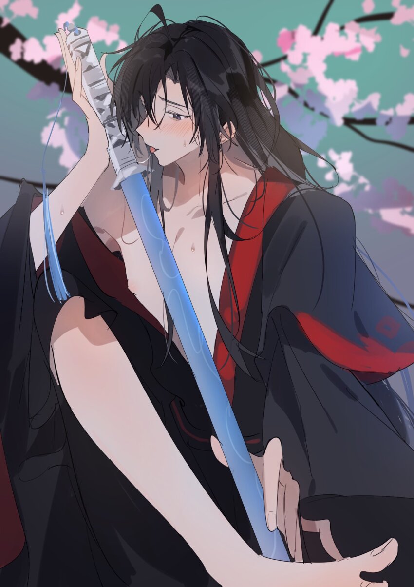 1boy ahoge alternate_hairstyle bare_pectorals barefoot bishounen black_eyes black_hair black_hanfu blurry blurry_background blush branch cherry_blossoms chinese_clothes collarbone flower hair_down hair_over_one_eye hanfu highres holding holding_sword holding_weapon implied_yaoi jian_(weapon) knee_up licking licking_weapon long_hair long_sleeves male_focus manjuyawaraka modao_zushi nipples non-web_source off_shoulder open_clothes open_mouth open_robe pectorals pink_flower robe saliva saliva_trail sheath sheathed sidelocks single_bare_leg single_bare_shoulder sitting solo sweat sword sword_tassel tassel tongue tongue_out weapon wei_wuxian wide_sleeves
